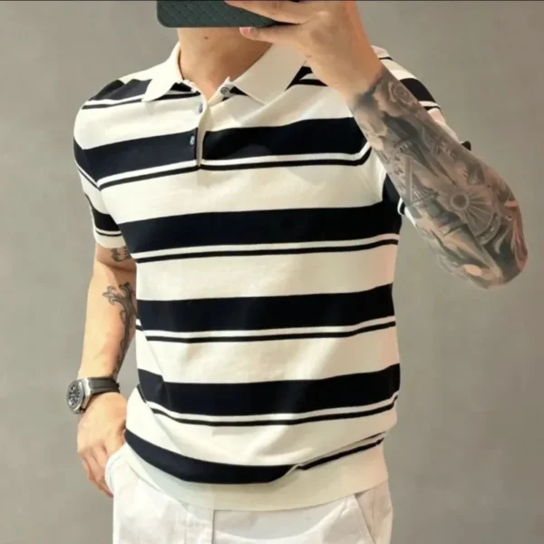 Smart Casual Summer Polo Shirts Men Turn-down Collar Striped Contrast Color Button Simplicity Fashion Loose Short Sleeve Tops - Imagen 2