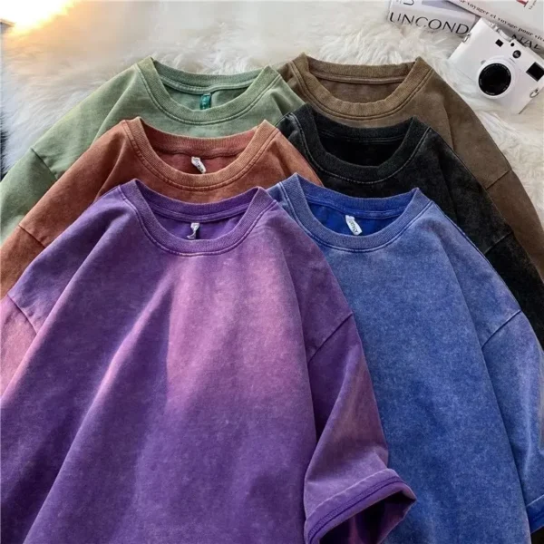 American Style Retro Heavyweight Solid Color Short Sleeved T-shirt Men Women Summer Street Trendy Washed Old Oversized Clothes - Imagen 6