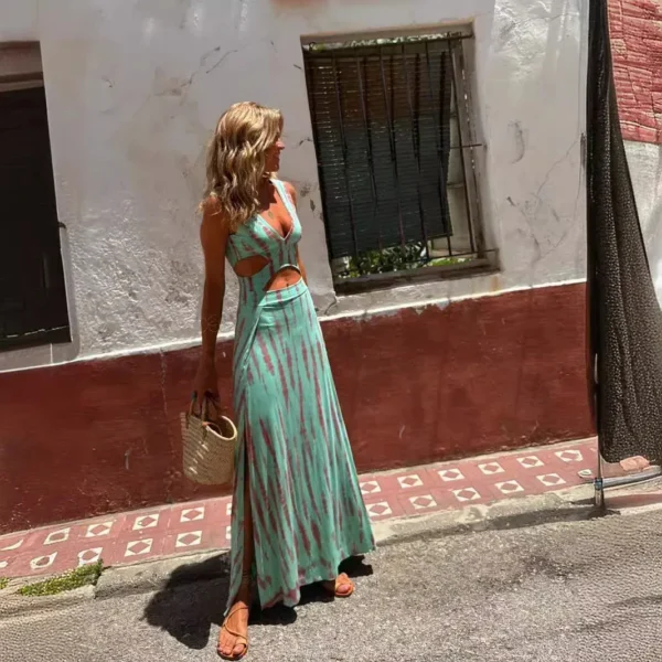 Women Printed Sleeveless Hollow Out Sexy Slim Skinny Long Dress Summer V Neck Dress - Imagen 4