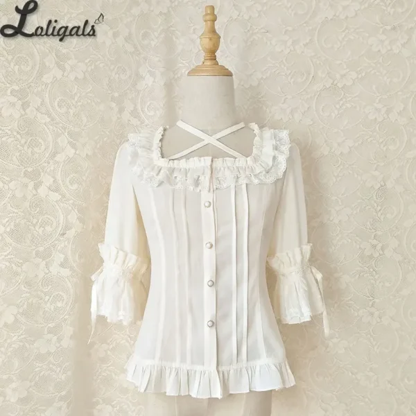 Sweet Chiffon Shirt Ruffled Short Sleeve Criss Cross Lolita Blouse - Imagen 4