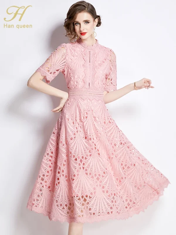 H Han Queen Spring New Elegant Casual Work Party Dresses Floral Crochet Hollow Out Lace Patchwork Casual Office Midi Dress - Imagen 6