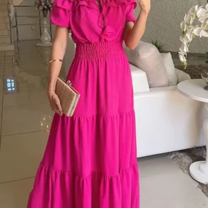 2025 Summer Solid Boho Dress Women Fashion Elegant Beach Party Dress Casual Slash Neck Office Maxi Dresses For Woman Robe Femme