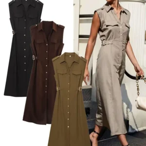 TRAFZA Women's Summer Vintage Cozy Linen Midi Dress Solid Lapel Single-breasted Waist With Side Loops Fake Pockets Trendy Dress
