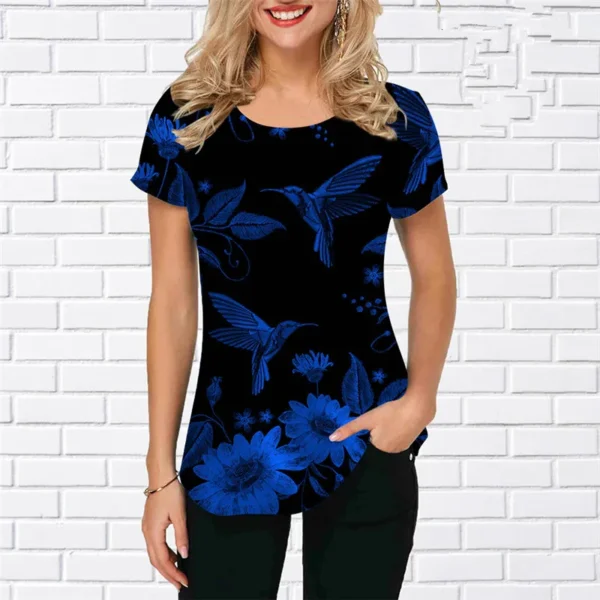 Women birdie Print Shirts Summer Short Sleeve Street 3D Style Ladies Blouses Loose Casual Round-Neck Oversized Pullovers Tops - Imagen 4