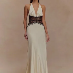 Mozision Summer Backless Sexy Maxi Dress Women Gown Patchwork Lace Halter Deep V Neck Sleeveless High Waist Elegant Long Dress