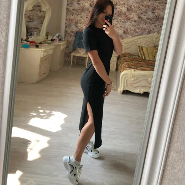 Summer Korean Style Midi Dress Women Casual Black Long Dresses Short Sleeve Sexy Plus Size Side Open Party Maxi T Shirt Dress - Imagen 3