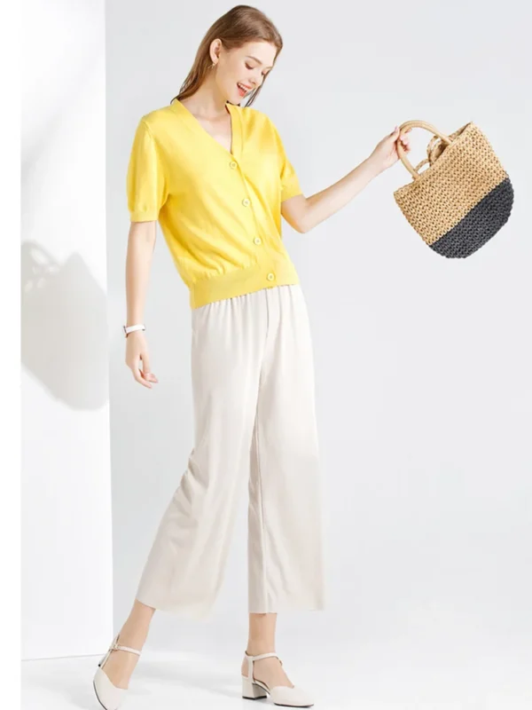 Women Ankle-Length Wide Leg Pants Casual Summer Solid Elastic Waist Loose Ice Silk Pants Spring Summer Female Trousers - Imagen 2