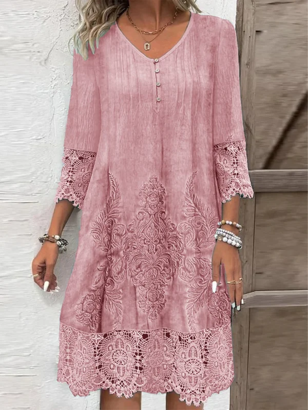 Button V-neck Short Sleeved Lace Printed Women's Dress Elegant Casual Fashionable High Street Spring Dresses - Imagen 2