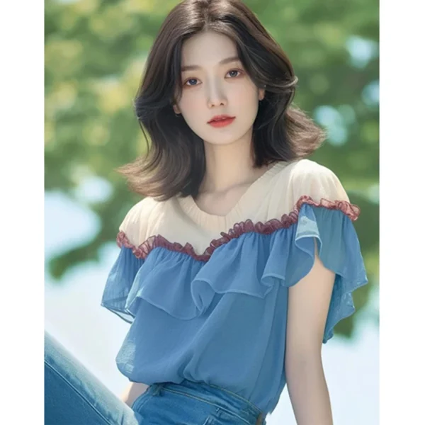 Fashion V-Neck Spliced Sweet Ruffles Blouses Female Clothing 2025 Summer New Loose Korean Pullovers Tops All-match Shirts - Imagen 2
