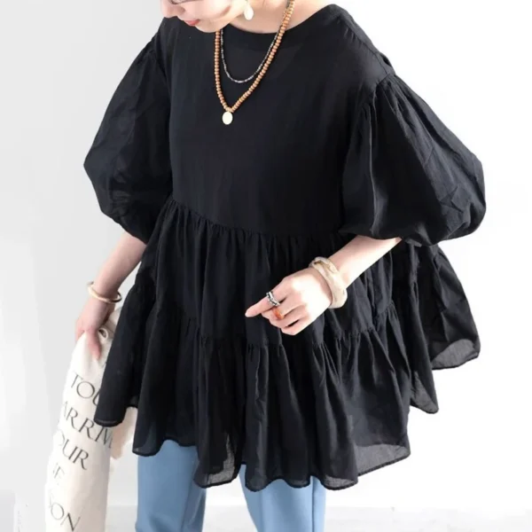 Kuzuwata Solid Color Lantern Sleeve Shirt Women Summer Japanse Mid-Length Blouse Chic Casual Temperament Slim Round Neck Blusa - Imagen 2