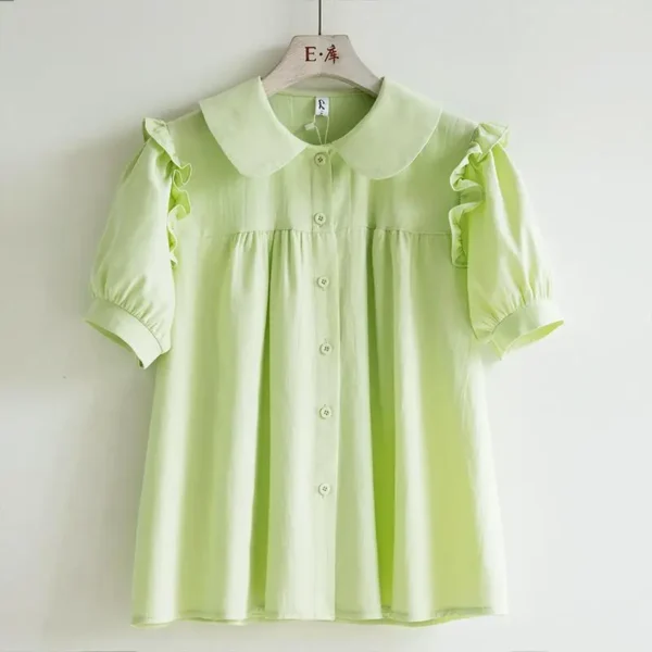 Blue Peter Pan Collar Single Breasted Short Sleeve Loose Women's Blouse Shirt Korean Fashion Female Clothing Tops 2024 Spring - Imagen 4