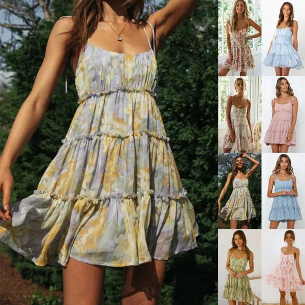 Bowknot Spaghetti Strap Flower Chiffon Mini Dresses Women Fashion Sexy Backless Elegant Vacation Style Dress Female New Vestidos - Imagen 6