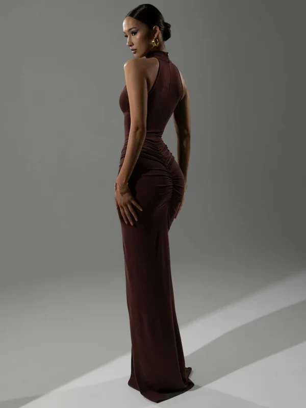 Mozision Halter Ruched Sleeveless Sexy Maxi Dress Women Gown Fashion Slim High Waist Evening Club Party Split Long Dress - Imagen 2