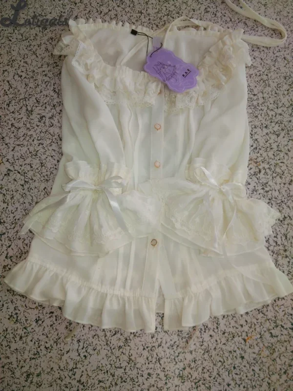 Sweet Chiffon Shirt Ruffled Short Sleeve Criss Cross Lolita Blouse - Imagen 6