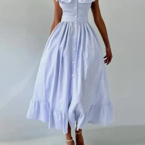 ZANZEA Women Fashion Ruffles Midi Dresses Bohemian Square Neck Sleeveless Striped Ruffled Hem A-line Robes Femme Vacation Style