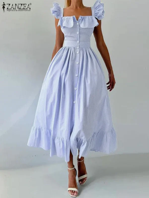 ZANZEA Women Fashion Ruffles Midi Dresses Bohemian Square Neck Sleeveless Striped Ruffled Hem A-line Robes Femme Vacation Style