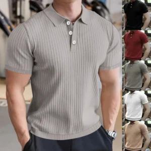 2025 Summer Men's Clothing Knit Men's Polo Shirt Business Casual Striped Lapel Short Sleeve Henry Shirt T-shirt Comfortable