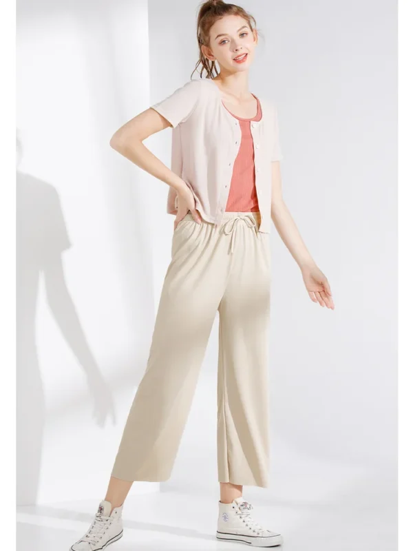 Women Ankle-Length Wide Leg Pants Casual Summer Solid Elastic Waist Loose Ice Silk Pants Spring Summer Female Trousers - Imagen 3