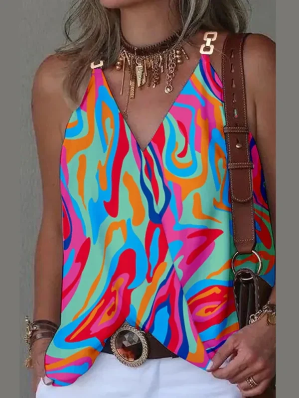 Elegant V-Neck Blouse for Women, Sexy Sleeveless Chain Print, Lady Casual Tops, White, Summer, 2024 - Imagen 3