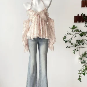 Summer Vintage Elegant Woman Blouse Floral Halter Korea Fashion Casual Tops Female Ruffle Chiffon Slim Chic Beach Style Outfits