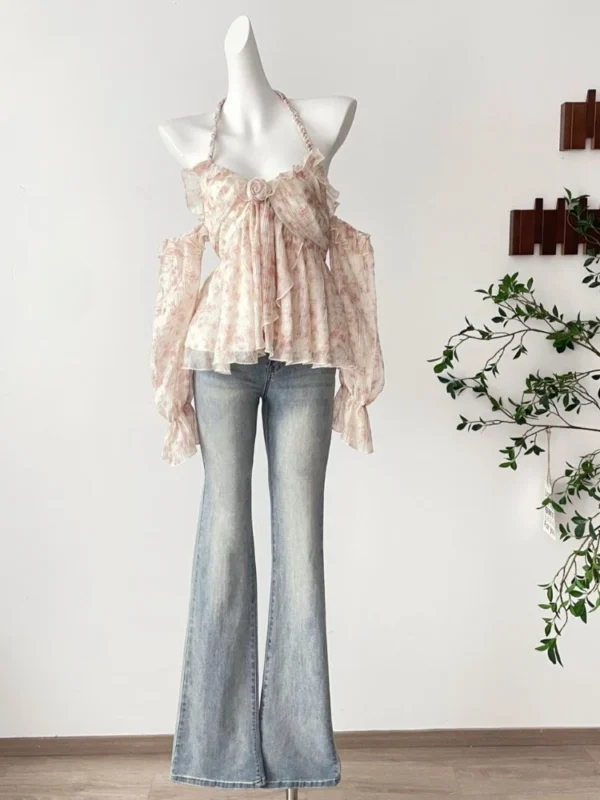 Summer Vintage Elegant Woman Blouse Floral Halter Korea Fashion Casual Tops Female Ruffle Chiffon Slim Chic Beach Style Outfits
