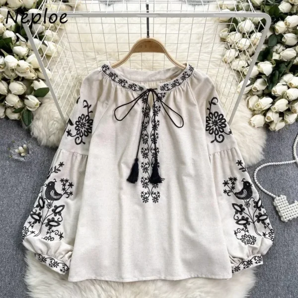 Neploe Vintage Heavy Embroidery Shirts Women Y2k Lace Up O-neck Tassel Blusas Mujer 2025 Spring New Long Sleeve Loose Blouses