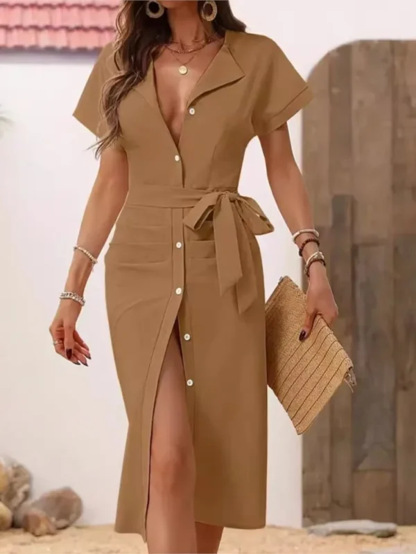 Women's Casual V Neck Short Sleeved Single-breasted Lace-up MIDI Dress Summer Solid Color Stylish Elegant Female Shirt Dresses - Imagen 4