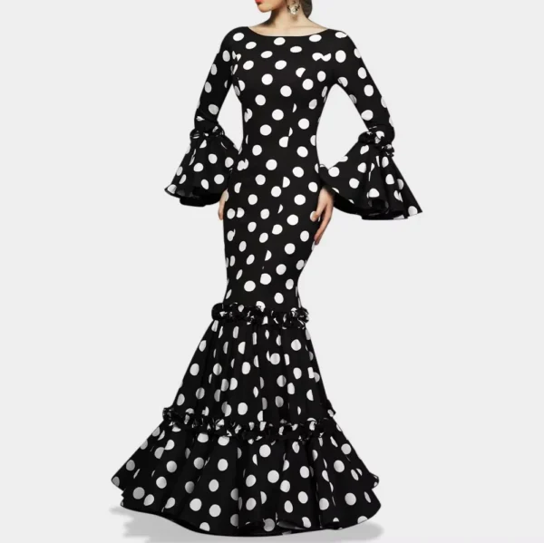 Elegant Party Long Dress Women Polka Dot Printed Ruffle Hem Sundress 2025 Bohemian Casual O-neck Flare Sleeve Slim Maxi Robe