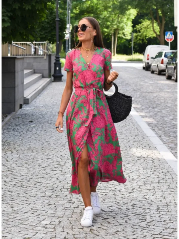 Women Floral Print Long Dresses Summer Sexy V Neck Split Lace-up Dress Female Casual Elegant Short Sleeve Beach Dress Vestidos - Imagen 6