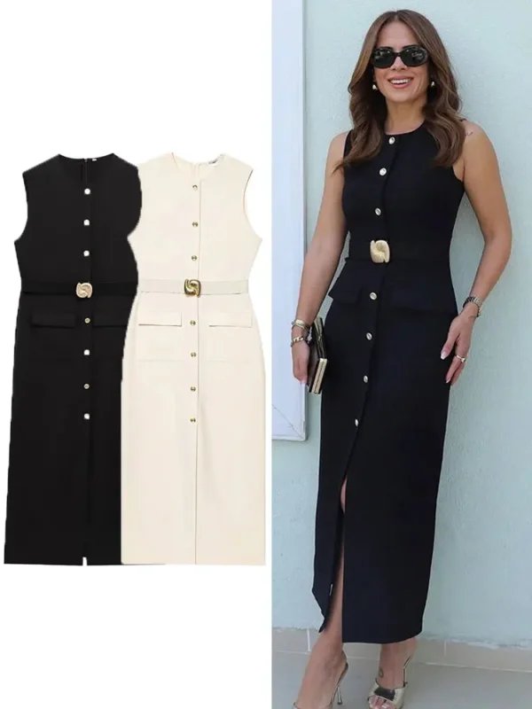 TRAFZA Women Casual Solid Belt Midi Dress O Neck Single Breasted Sleeveless Dresses Front Slit Slim Lady Elegant Evening Dress