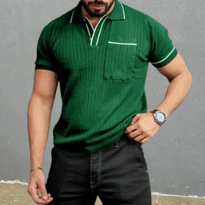 Spring Summer Men's Knit Tops Short Sleeve Turn-down Collar Button Polo Shirts Male Knitwear Fashion Striped Knitting Polo Tees