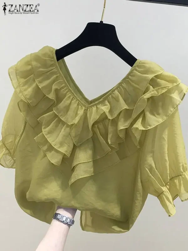 ZANZEA Women Solid Ruffle Blouse Vintage 3/4 Sleeve V-Neck Chemise 2024 Summer Office Chiffon Shirts Casual Loose Stitching Tops - Imagen 2