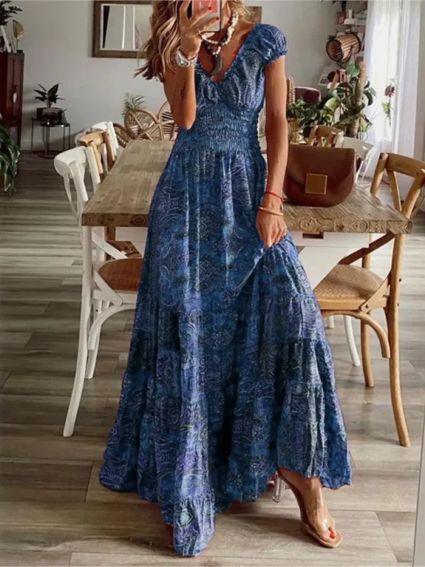 Women's Summer New Ethnic Style Printed Dress Short-sleeved Waist Dress Fashionable Floral Petal Sleeves Large Hem A-line Dress - Imagen 3