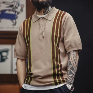 Maden 2024 New Vintage Knitted Polo Bowling Shirts with Yuppie Contrast Striped Lapel Short-Sleeved T-shirt for Men's Summer