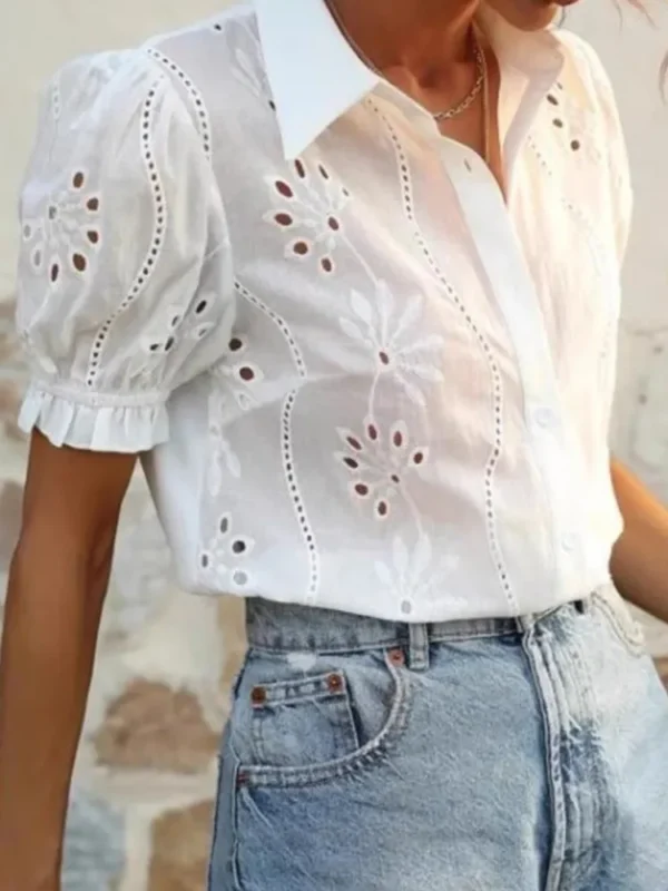 Women's White Elegant Shirt Fashion Hook Flower Hollow Short Sleeve Tops Shirts For Women Casual Office Top Shirts Lady Summer - Imagen 3