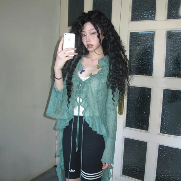 Karrram Japanese Y2k Lace Shirt Vintage 2000s Style Ruffles Blouses Grunge Aesthetics Irregular Green Shirts American Retro 90s - Imagen 2