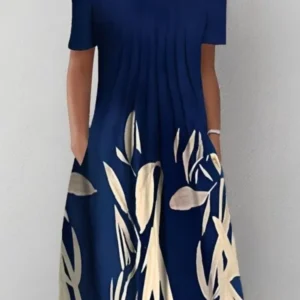 Summer Fashion Boho Floral Print Pocket Midi Dress For Women O Neck Short Sleeve Casual Loose Dress Female Women's Clothing