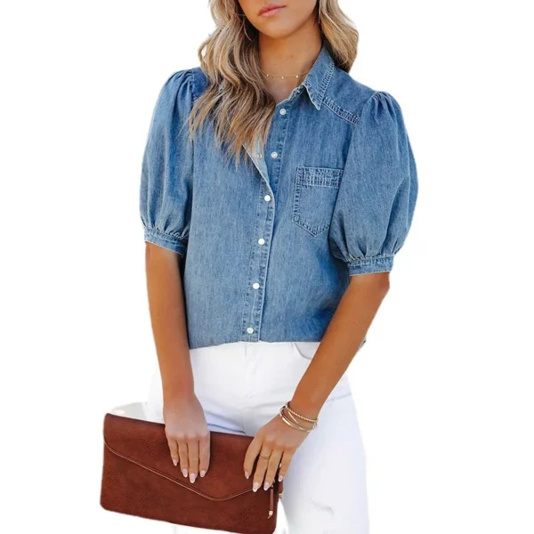 Women Denim Shirt Tops Blouse Washed Distressed Overshirt 2025 Casual Lapel Princess Sleeve Single Breasted Pocket Outerwear - Imagen 5