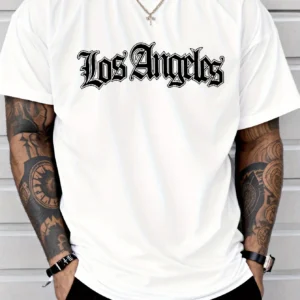 Men's summer 100 cotton fashionable casual loose plus size Los Angeles letter printed sports round neck short sleeved T-shirt