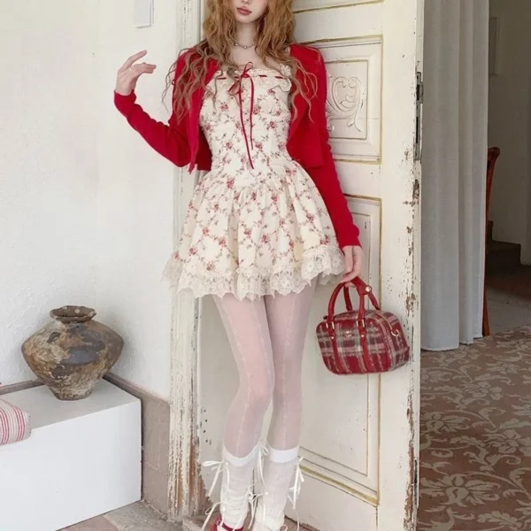 Y2K Sweet Floral Dress Set Woman Casual Red Short Cardigan Elegant Lace Mini Dress Female Korean Prairie Chic Clothing Suit - Imagen 5