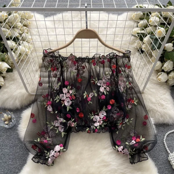 YuooMuoo Romantic Floral Embroidery Lace Transparent Fall Tops Summer Elegant Off Shoulders Beach Tops White Black Party Blouses