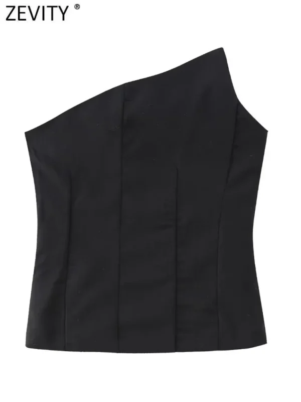 Zevity Women Fashion Strapless Red Color Asymmetrical Smock Blouse Female Inner Style Zipper Slim Shirt Blusas Chic Tops LS3509 - Imagen 2