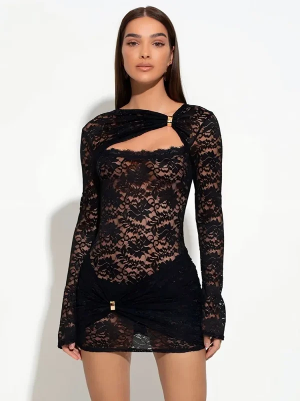 Mozision Hollow Out See Throug Lace Sexy Mini Dress Women Robe Black Long Sleeve Ruched Skinny Club Party Dress Elegant Dresses - Imagen 2