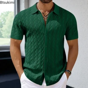 2025 Men's Striped Short Sleeve Knitted Shirts Summer New Comfy Breathable Casual Business Polo Shirts Men Golf Sport Loose Tops