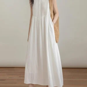 ZANZEA 2024 Summer Holiday Long Dress Solid Sleeveless Pleated Vestidos Korean Fashion Loose Sundress Casual Beach Tank Dresses