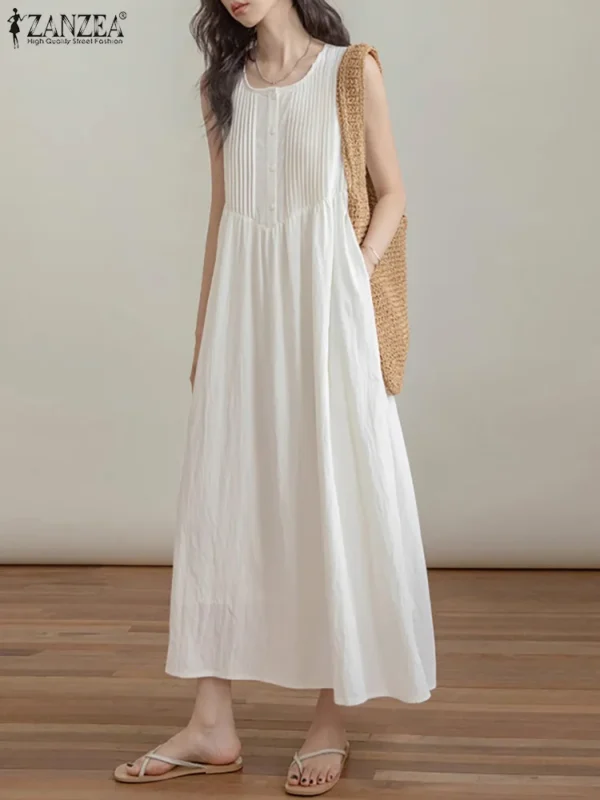 ZANZEA 2024 Summer Holiday Long Dress Solid Sleeveless Pleated Vestidos Korean Fashion Loose Sundress Casual Beach Tank Dresses
