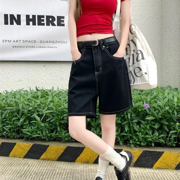 Black Shorts Jeans Women 2025 Summer Baggy Y2K Fashion Straight Denim Short Pants Woman Vintage Streetwear Loose Jean Shorts - Imagen 3