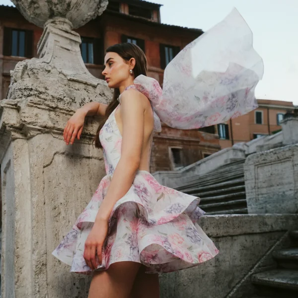 Chic Floral Printed Mini Dress Backless Sleeveless Hem Stacking Dresses Sweet A Line Vestidos 2025 New Lady Party Club Clothing - Imagen 2