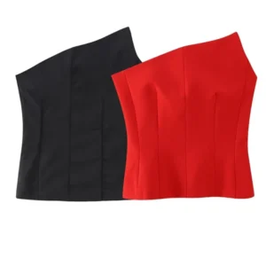 Zevity Women Fashion Strapless Red Color Asymmetrical Smock Blouse Female Inner Style Zipper Slim Shirt Blusas Chic Tops LS3509