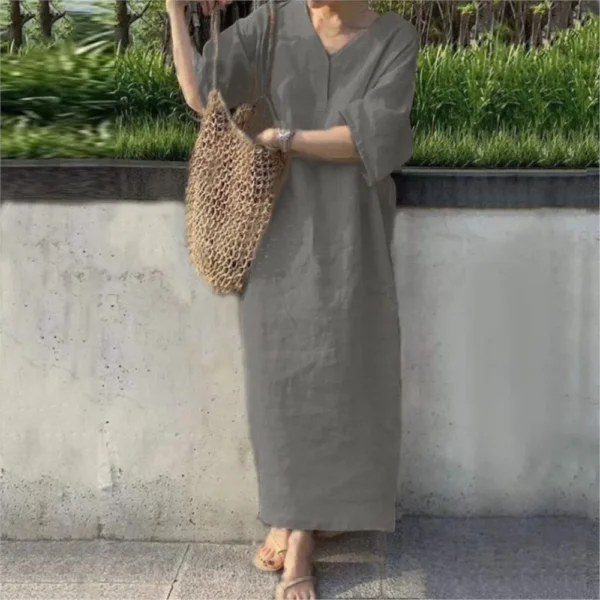 Cotton And Linen Dress For Women 2024 Summer Short Sleeve V-neck Solid Color Casual Loose Long Dress Elegant Women's Clothing - Imagen 5
